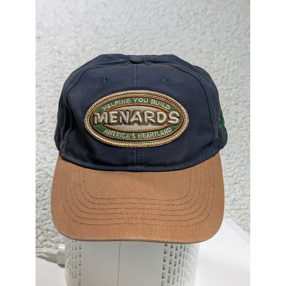 Menards Mens Baseball Hat Cotton Navy Blue Brown Adjustable OSFM